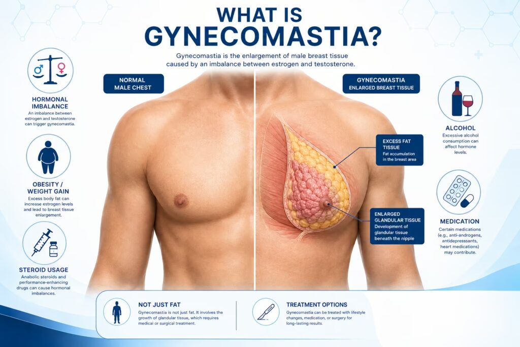 Medical illustration explaining gynecomastia with male chest anatomy showing enlarged glandular tissue and fat accumulation beside a normal chest at KO Cosmetic Surgery Centre in Coimbatore.