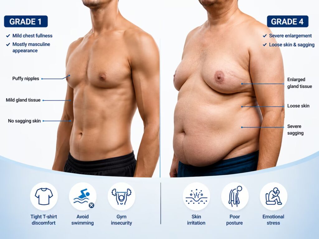 Side-by-side comparison of Grade 1 and Grade 4 gynecomastia showing mild puffiness versus severe enlarged male breasts and loose skin at KO Cosmetic Surgery Centre in Coimbatore.