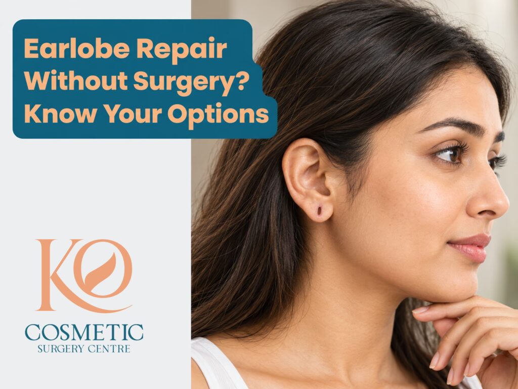 Stretched earlobe piercing illustration with KO Cosmetic Surgery Centre branding